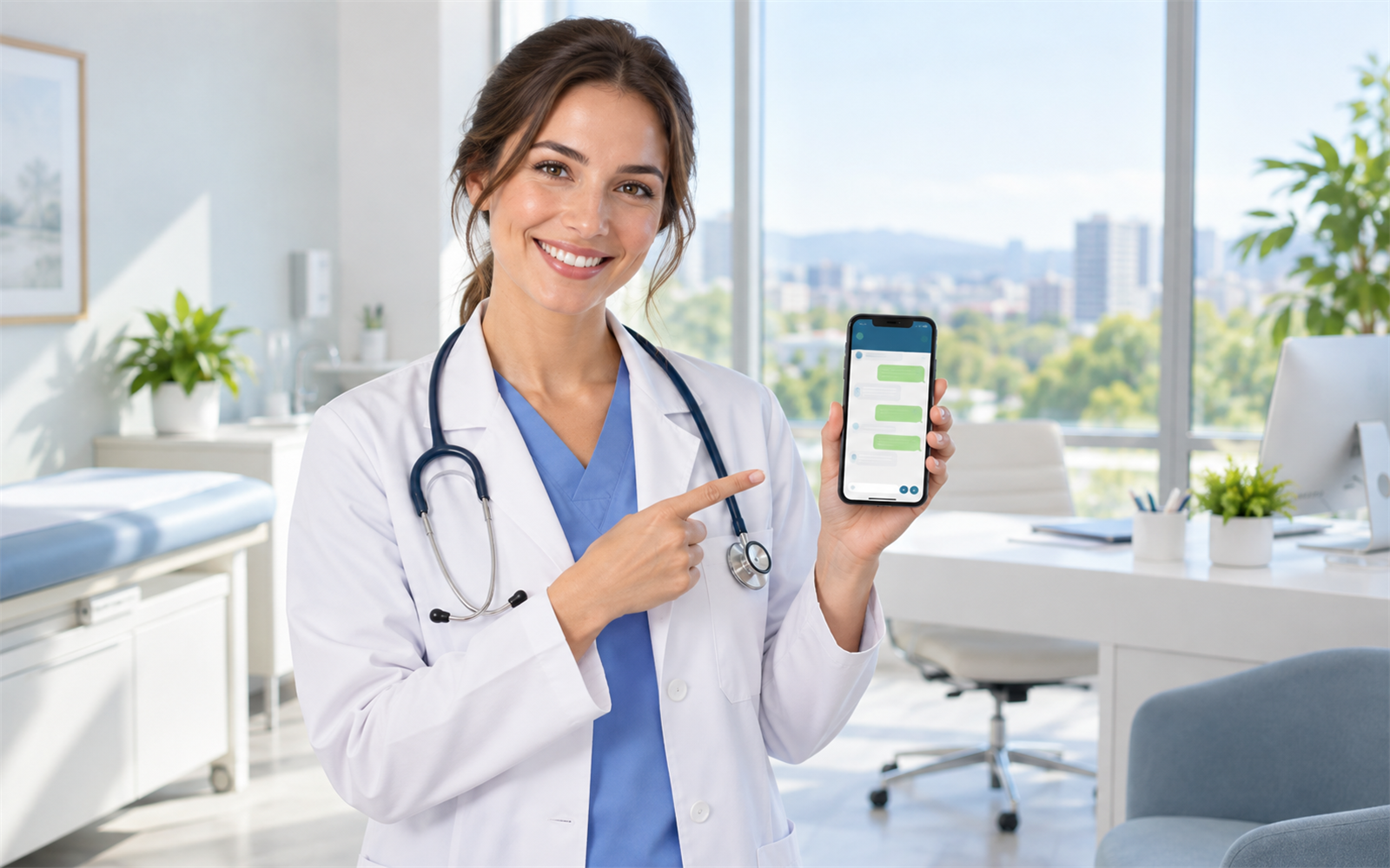 Médica sorrindo no consultório claro segurando celular com agendamento no WhatsApp